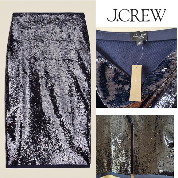 J. Crew Collection Navy Sequin Cotton Stretchy Pencil Skirt Size S